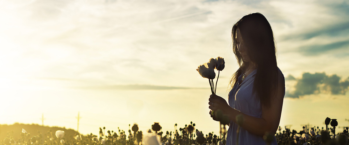 woman holding flowers while standing in a field